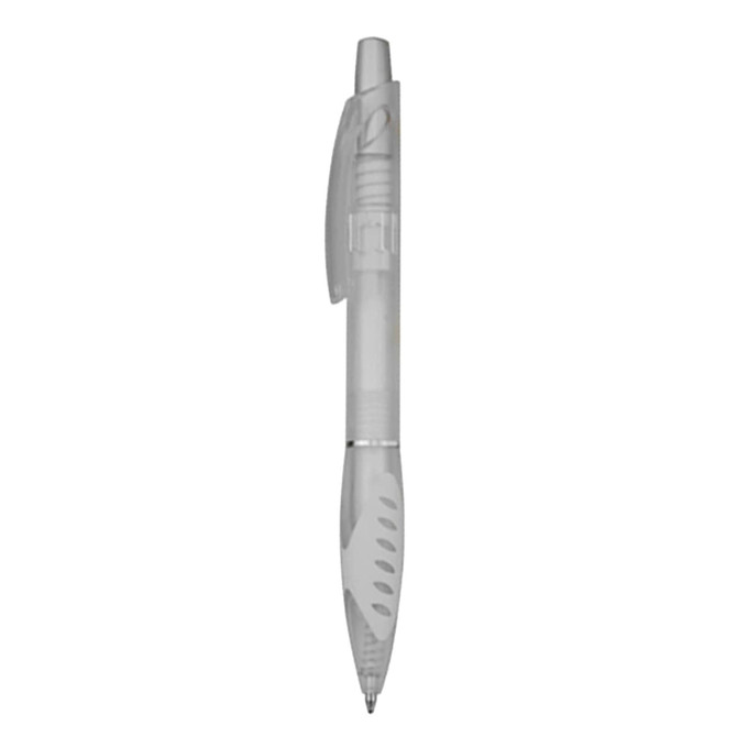 A plastic pen in clear and grey tones, featuring a textured grip and a clip. It has a logo on the side.