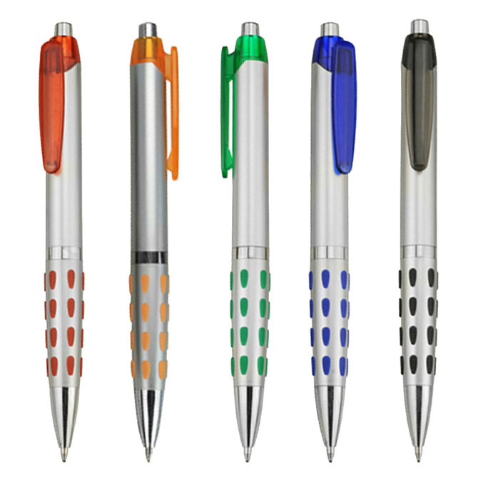 A collection of five plastic pens in silver, featuring bright accents in orange, green, blue, and black, with dotted grips.