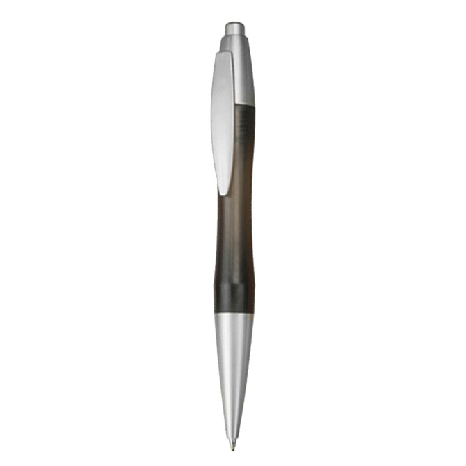 A plastic pen in black and silver with a sleek design and a clip on the side. It features a logo on the body.