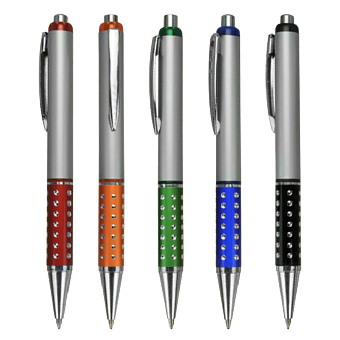 Five plastic pens in various colours: red, orange, green, blue, and black, with silver accents and a logo.