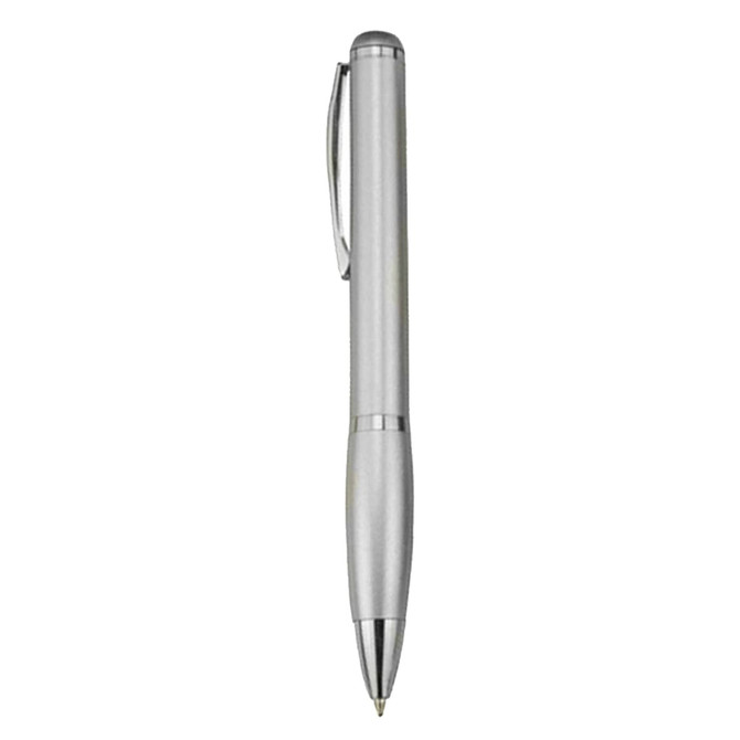 A silver plastic pen featuring a sleek design and a clip for easy attachment. It includes a brand logo on the barrel.