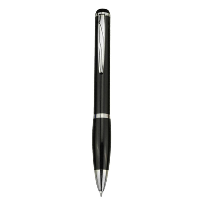 A black plastic pen with chrome accents and a clip, featuring a sleek, modern design.