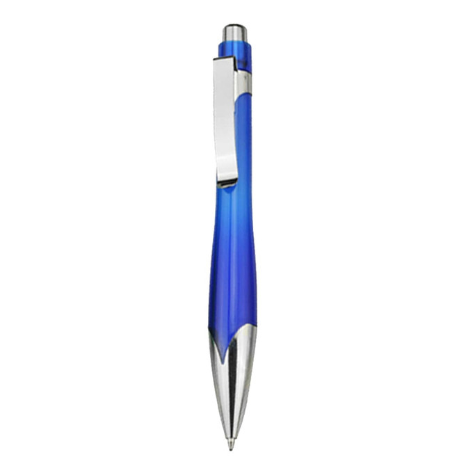 A blue plastic pen with a silver clip and tip, featuring a sleek, modern design.