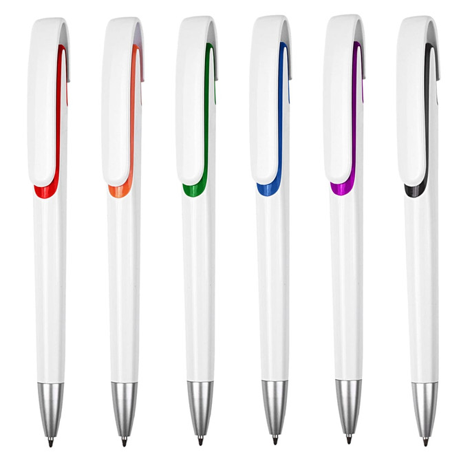 A set of six plastic pens with white bodies and coloured clips in orange, green, blue, purple, and black.