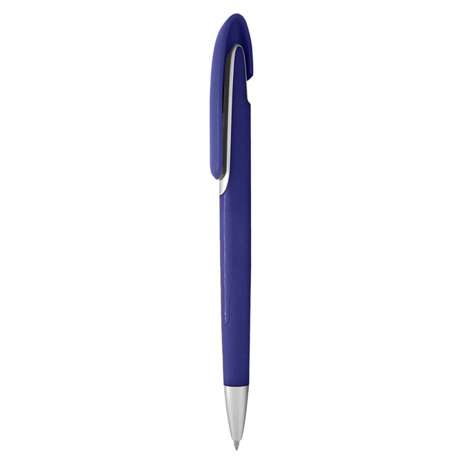 A plastic pen in a vibrant purple colour with a sleek design and a silver clip. It features a branding logo.