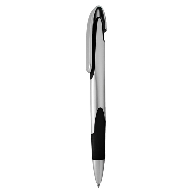 A silver plastic pen with a textured black grip and a clip for easy attachment. It features a logo.