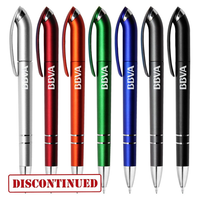 A set of metallic plastic pens in silver, red, green, blue, and black, featuring a logo on each.