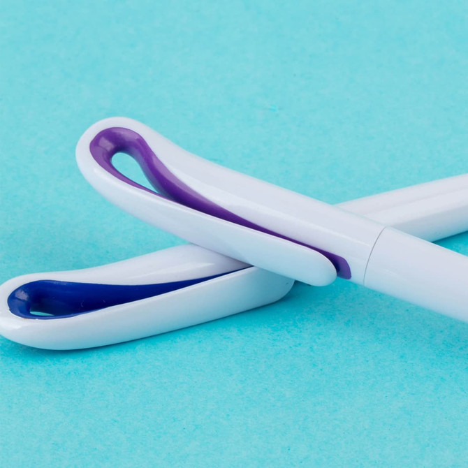 A pair of plastic pens in white with purple accents, featuring a distinctive design and a logo.