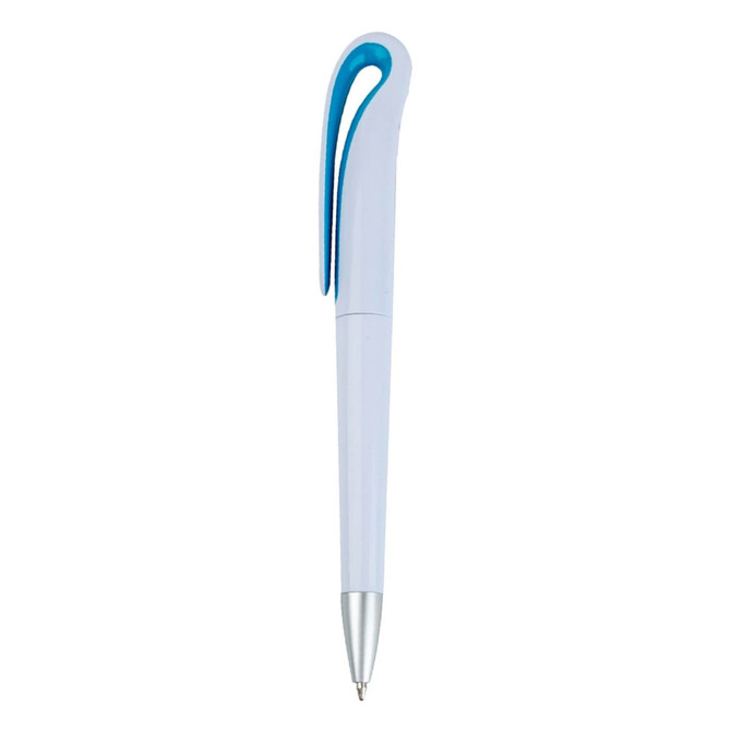 A plastic pen in white with a blue accent and silver tip, featuring a unique design and a clip.