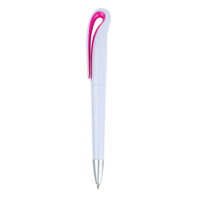 A plastic pen featuring a white body with a pink clip and silver tip, displaying a simple design.
