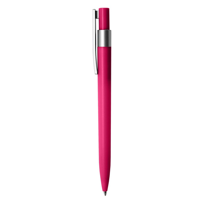 A plastic pen in bright pink with a silver clip and tip, featuring a logo.