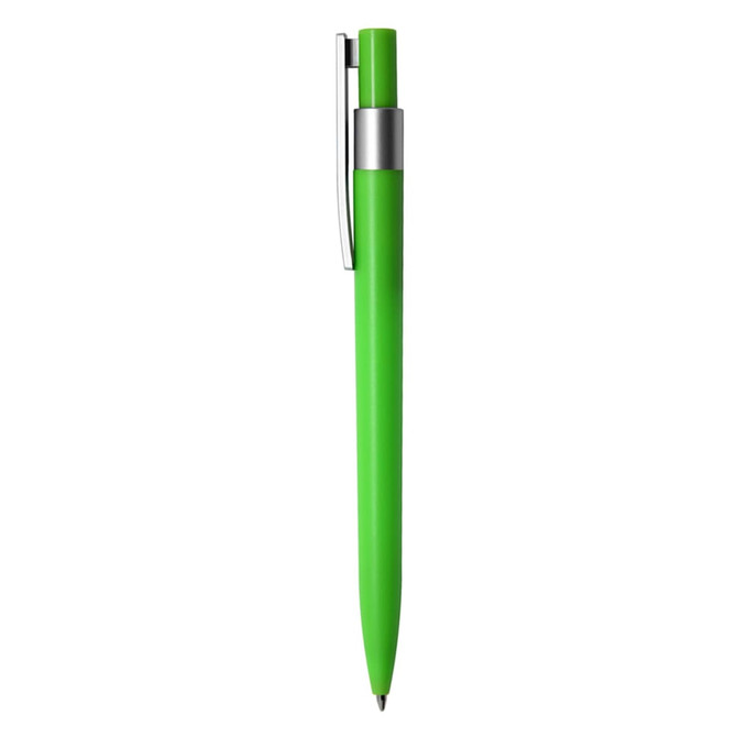 A green plastic pen with a silver clip, featuring a sleek design. It has a logo on the barrel.