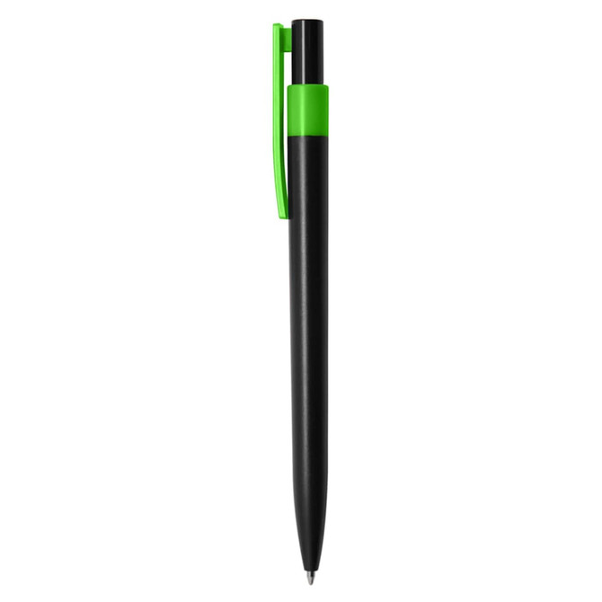 A plastic pen featuring a black body and a bright green clip. The pen has a sleek design and includes a logo.