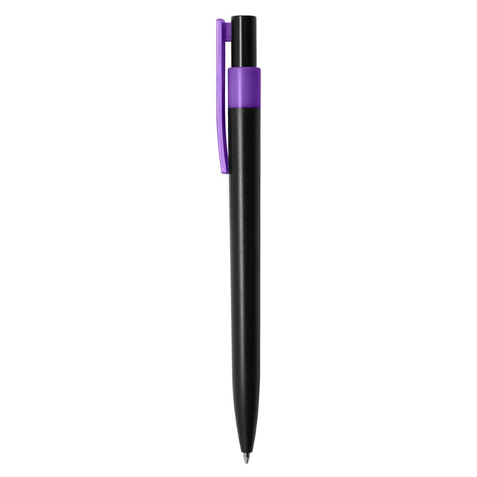 A plastic pen with a black barrel and a purple clip, featuring a logo.