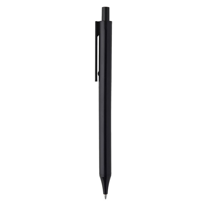 A black plastic pen with a clip and a retractable tip. It features a logo along the side.