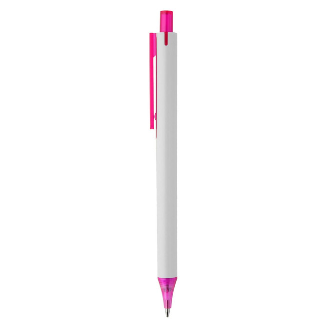 A plastic pen in white with pink accents, featuring a logo on its barrel.