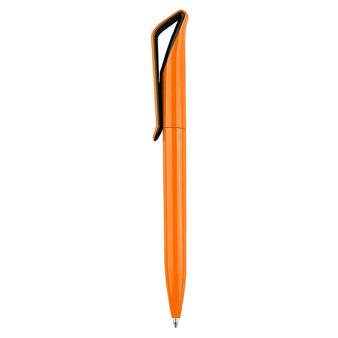 An orange plastic pen with a sleek design and a grip clip. The pen has a logo on its surface.
