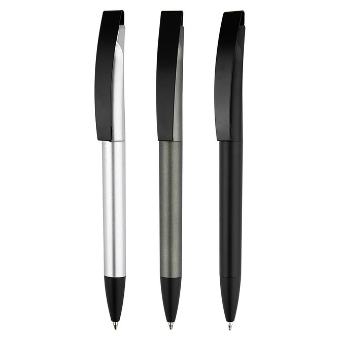 Three plastic pens in silver, grey, and black, featuring sleek designs and clip tops. Each pen has a branding logo.