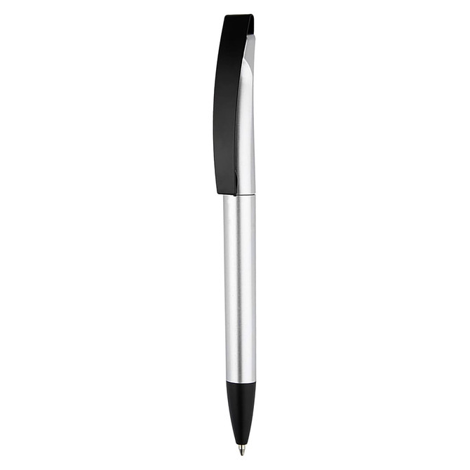 A plastic pen with a silver barrel and black accents, featuring a clip and a logo.