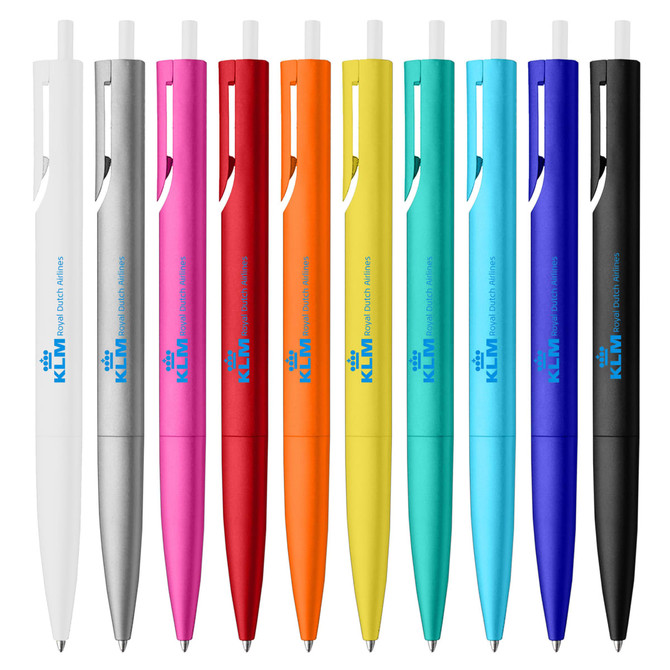 A collection of plastic pens in white, silver, pink, orange, yellow, green, blue, and navy, featuring branding on some.