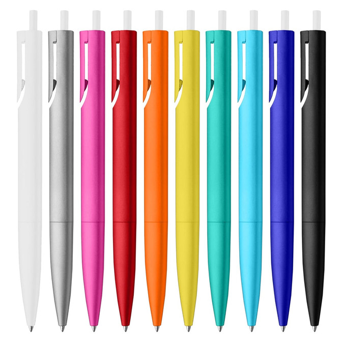 A selection of plastic pens in white, silver, pink, orange, yellow, green, blue, and black, featuring a logo.