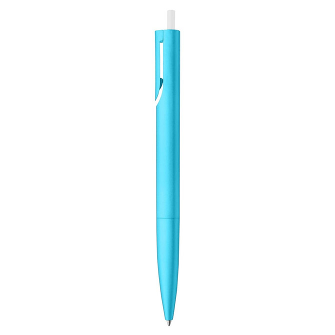 A plastic pen in bright blue with a transparent clip and a white tip. Features a branding logo.
