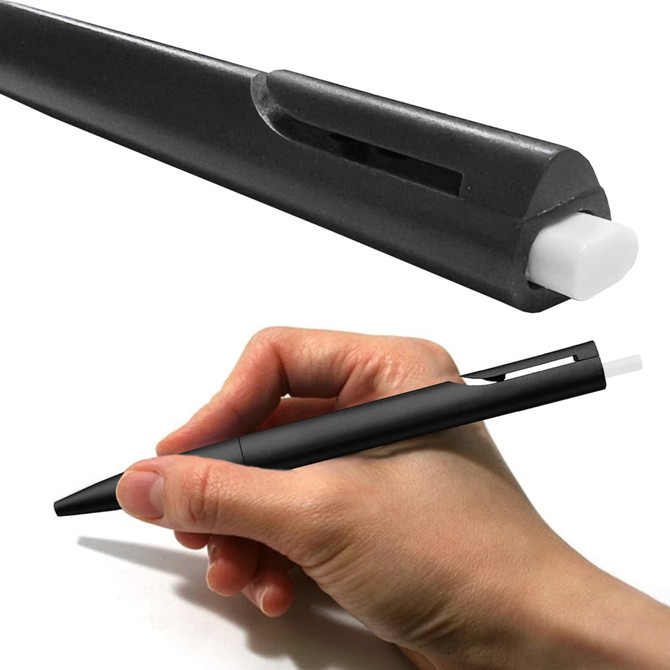 A black plastic pen with a white tip, held in a hand. The pen features a sleek design and has a logo.
