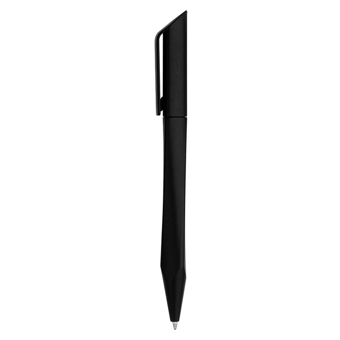 A sleek black plastic pen with a geometric design and a clip. Features a logo on the barrel.