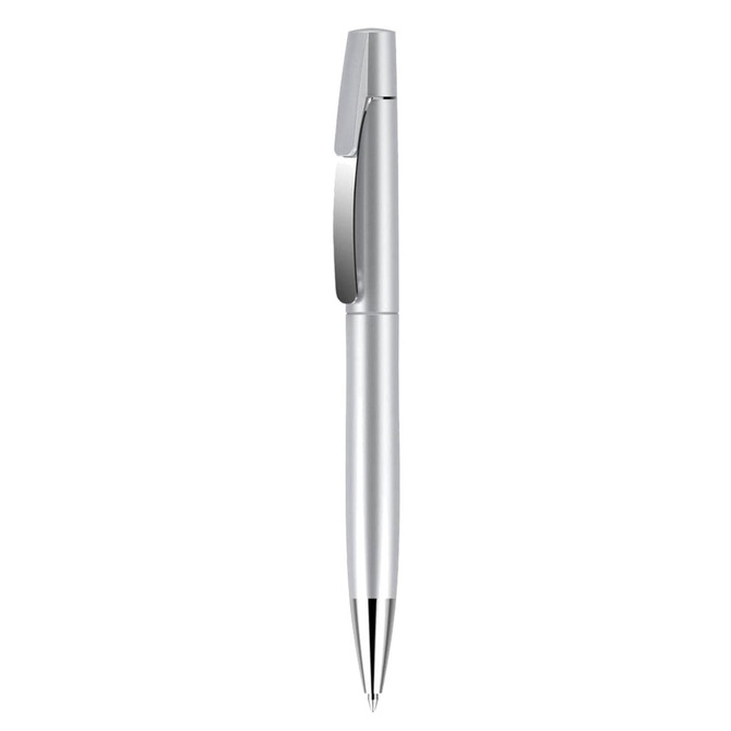 A silver plastic pen with a sleek design and a clip, featuring a shiny finish.