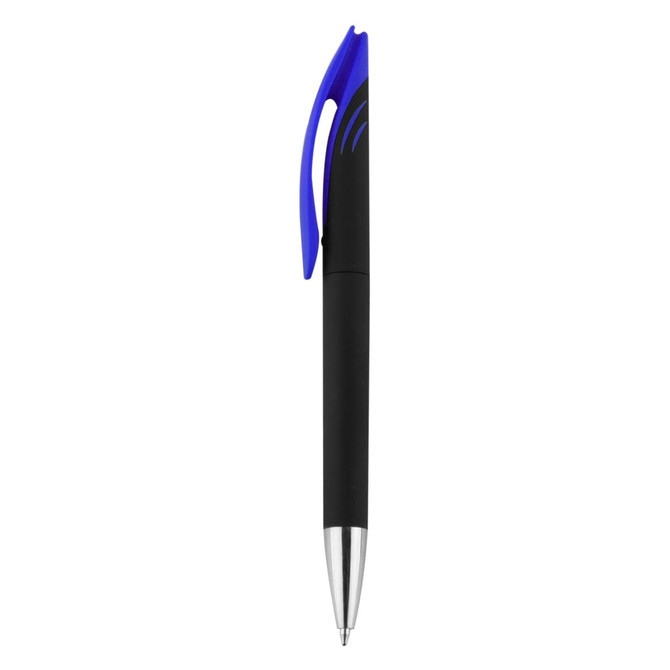 A black plastic pen with a blue clip and accents. The pen features a silver tip and has a logo.