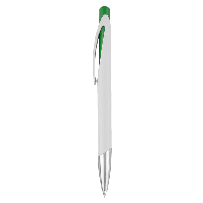 A white plastic pen with a green accent, featuring a silver clip and tip, and a logo on the barrel.