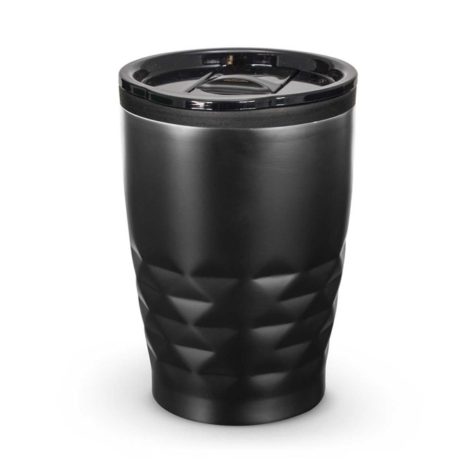 A drink bottle with a textured black exterior and a lid, featuring a sleek, modern design.
