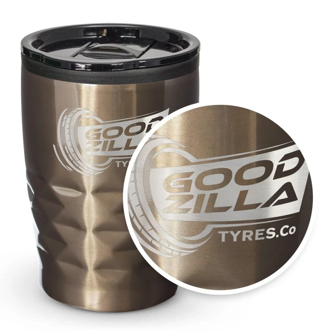 A drink bottle in a bronze colour with a textured design and a black lid. It features a logo.
