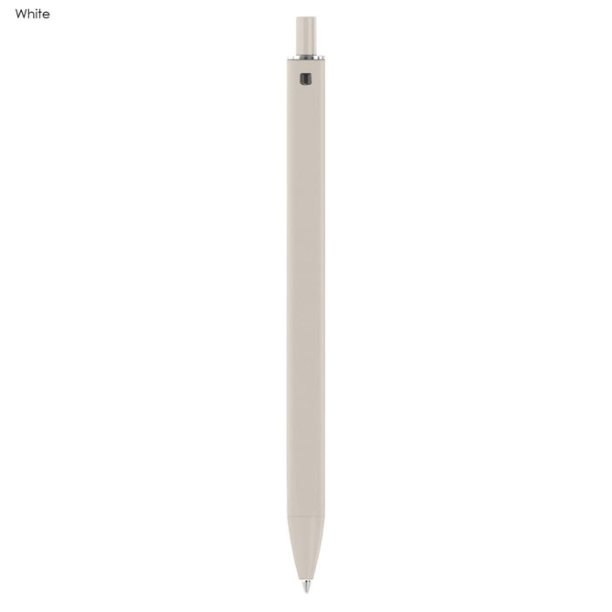 A white plastic pen with a sleek design and a subtle logo on the body.