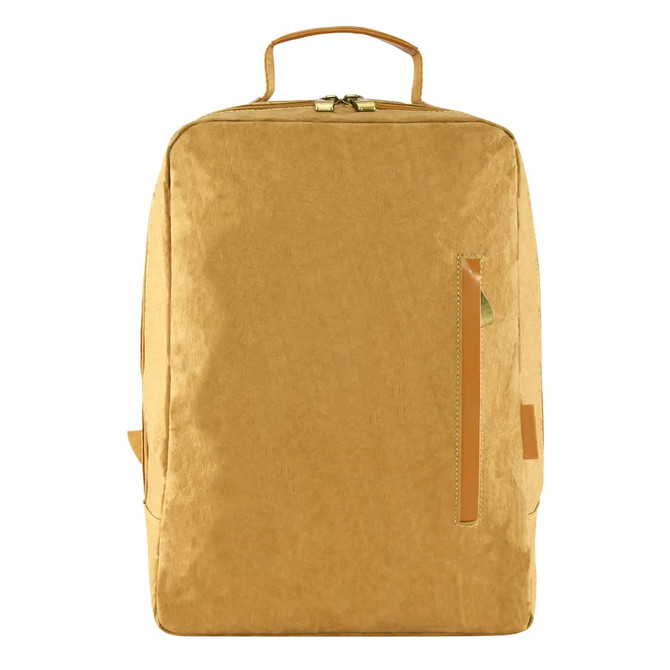 A yellow kraft paper laptop backpack with a top handle and a side zip pocket. It features a minimalist design and a logo.