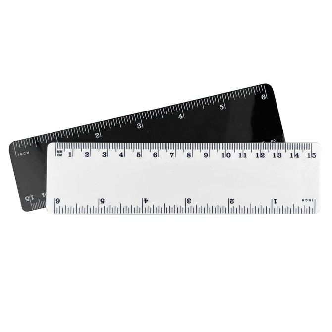 A 15cm plastic ruler in white and black, featuring measurement markings on both sides and a logo.