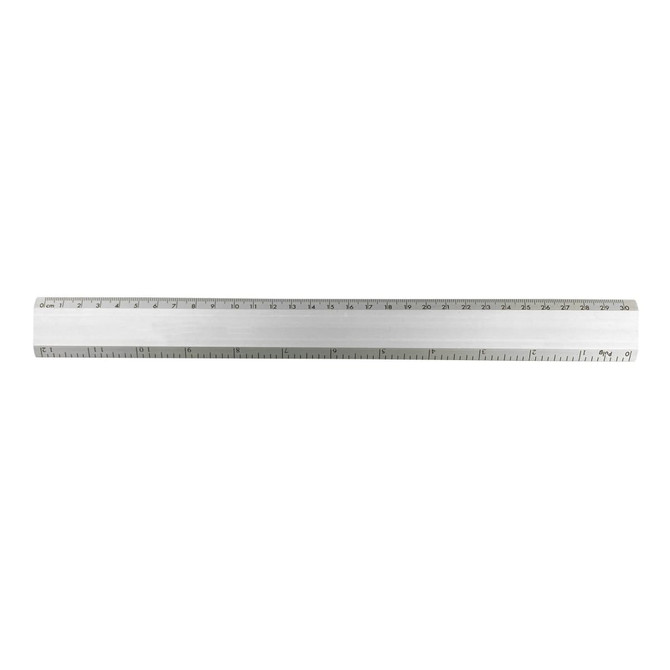 A 30cm aluminium ruler in silver, featuring measurement markings and a logo.