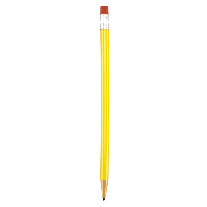 A round mechanical pencil with a yellow body and red eraser, featuring a silver tip and a logo on its side.