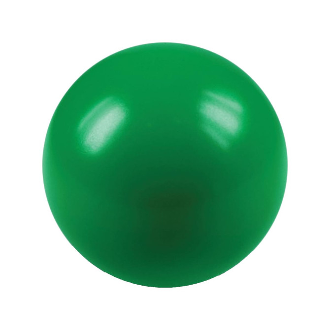 A green stress ball with a smooth surface, featuring a glossy finish and a round shape.