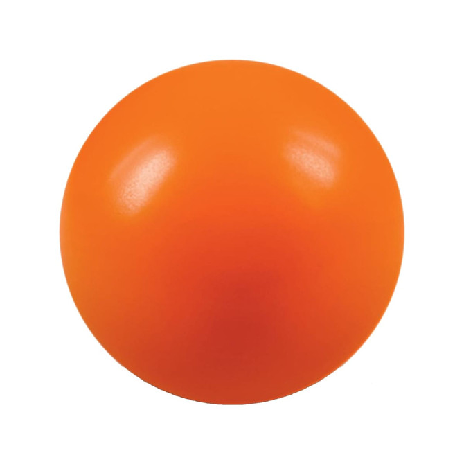 An orange stress ball with a smooth surface, featuring a simple design and a logo.