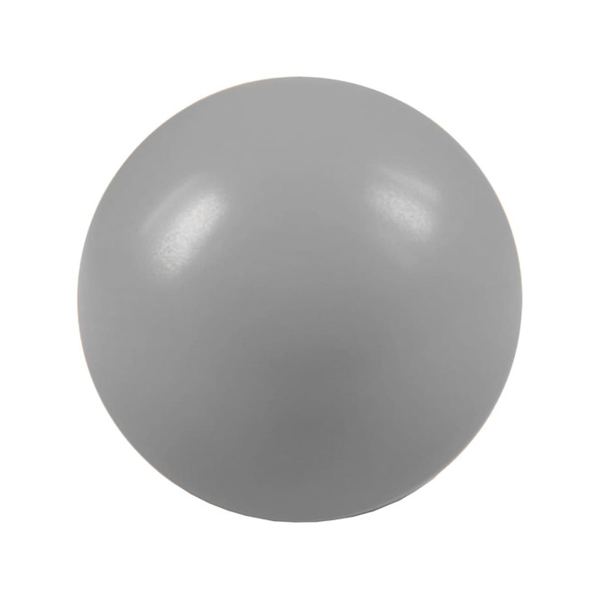 A grey stress ball with a smooth surface and a round shape, featuring a logo.