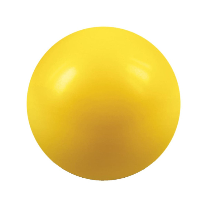 A bright yellow stress ball with a smooth surface, featuring a logo on one side.