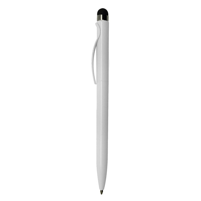 A white stylus pen with a sleek design and a black tip, featuring a clip and silver accents.