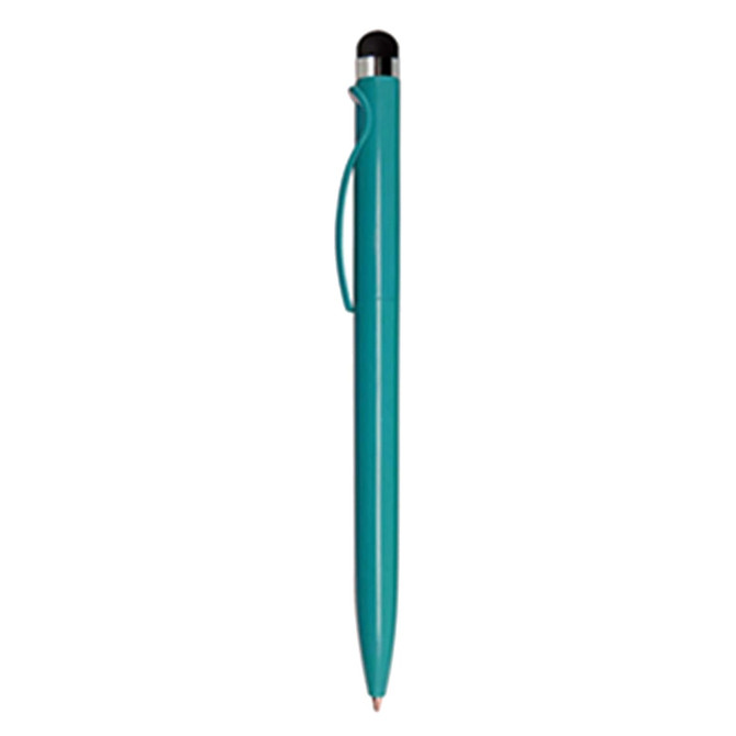 A stylus pen in turquoise with a black tip and a clip, featuring a simple design and a logo.