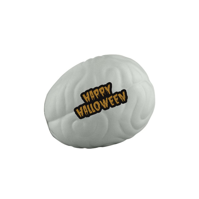 A grey foam stress brain with a logo and Halloween-themed text on the surface.