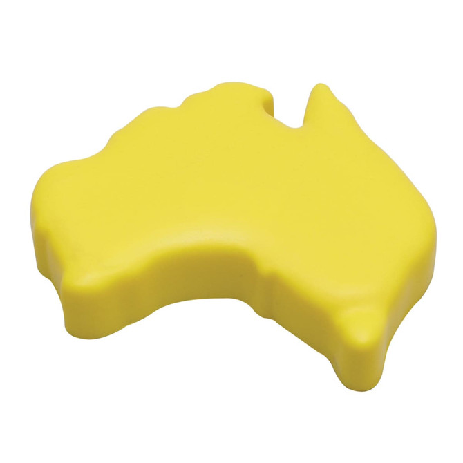 A yellow stress toy shaped like the map of Australia, featuring a simple, smooth design and no visible branding.