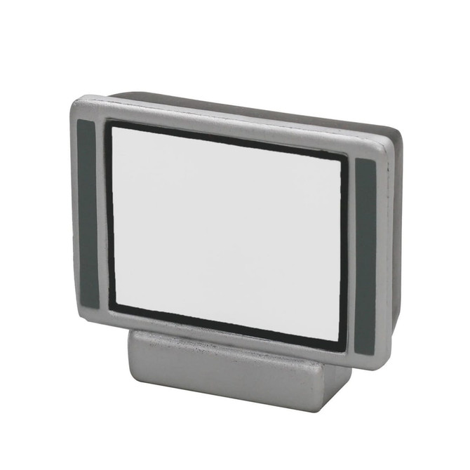 A miniature stress relief television in silver and grey, featuring a blank screen and a simple design.