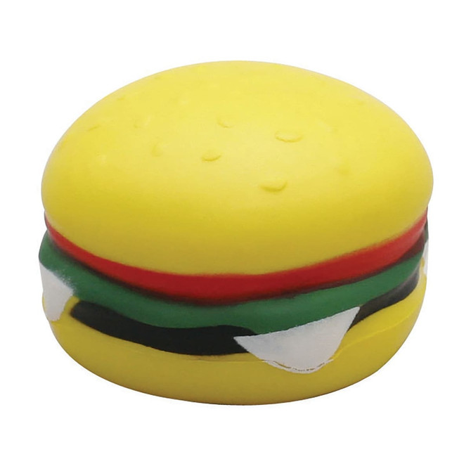 A stress hamburger keyring in yellow with green, red, and black detailing, featuring a smooth finish.