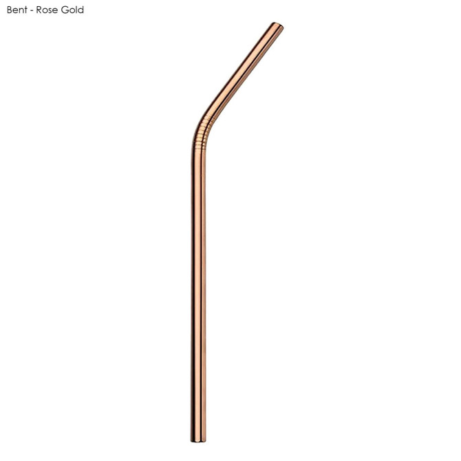 A bent stainless steel straw in rose gold, featuring a sleek design and a branded logo.
