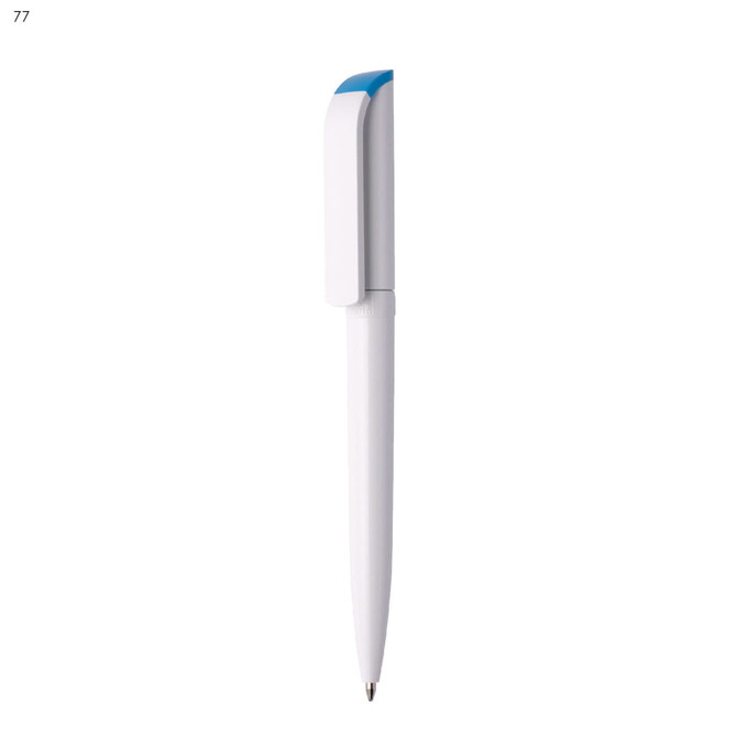 A plastic pen in white with a blue cap. It features a logo on its body.